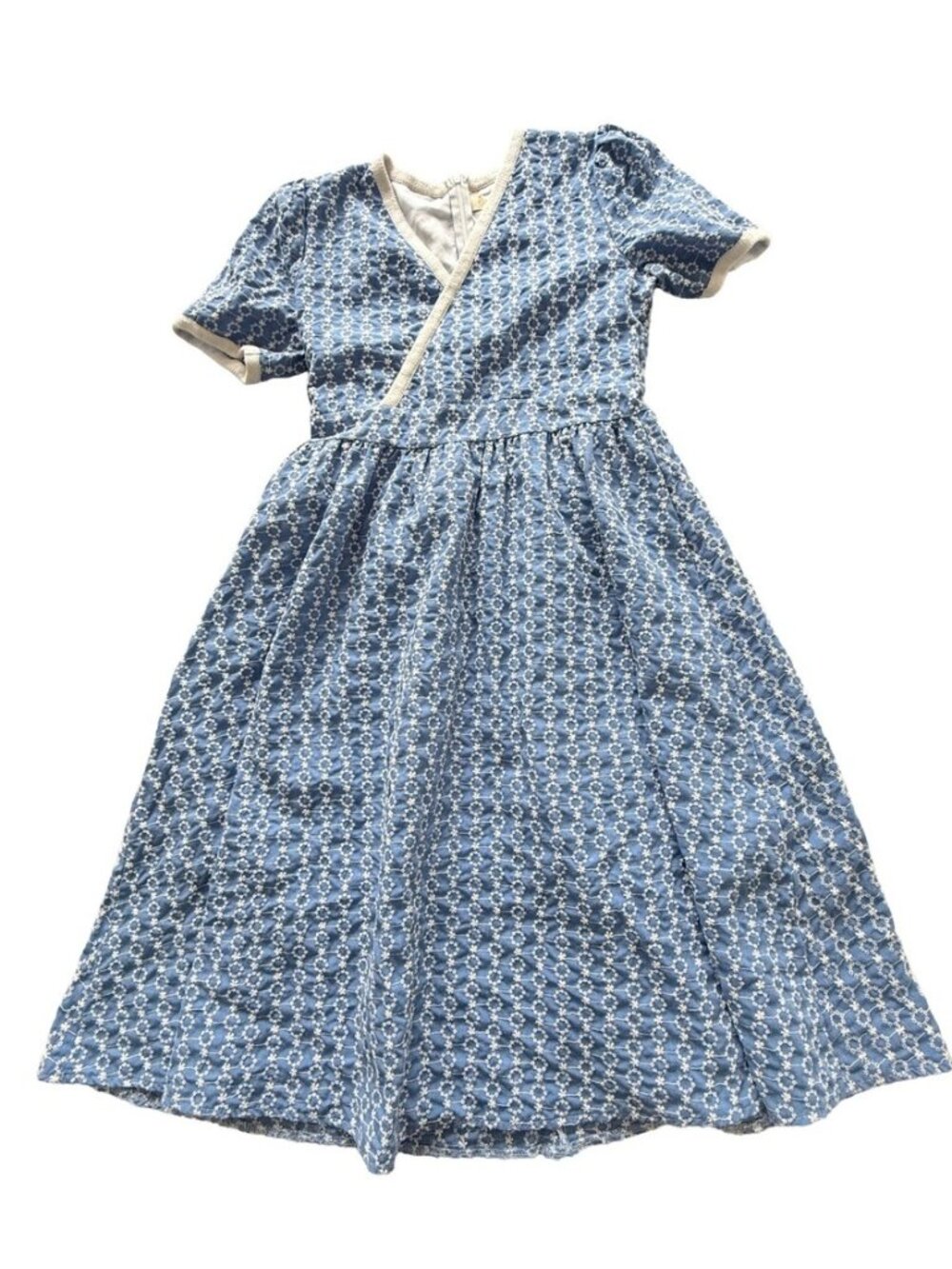 Dress Code Korea Blue White Floral Eyelet Puff Sleeve Wrap Midi Dress Womens